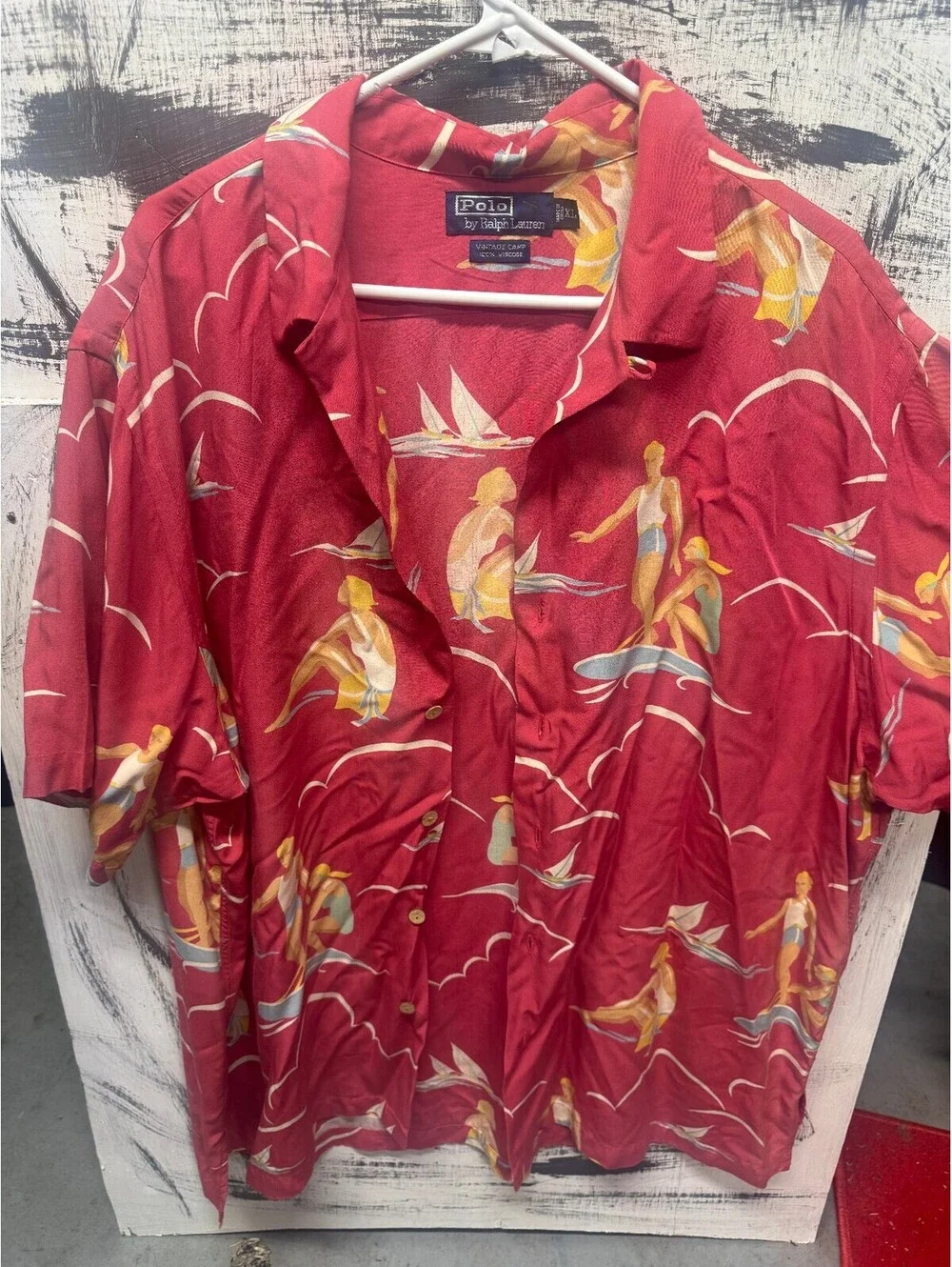 rare vintage polo ralph lauren camp art nouveau coral surfing hawiian shirt